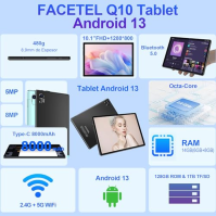 FACETEL Tableta 10 palců Android 13 Tableta 14GB RAM+128GB ROM(TF 1TB) Octa-Core 2.0 GHz, 2 v 1 Dotyková tablet s 5G WiFi丨GMS丨5M